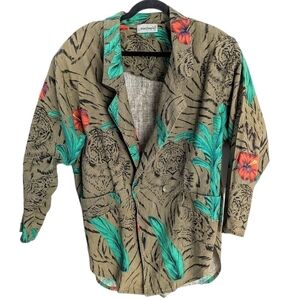 Adam Douglas green tigre tropical print khaki blazer Large XL A1